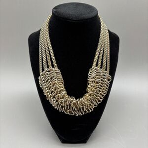 Gold Tone Statement Collar Necklace Multi Strand Chain Chunky Bib Adjustable 21"